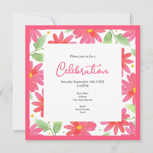Invitation Aquarelle rose corail Motif marguerite 2 (Devant)