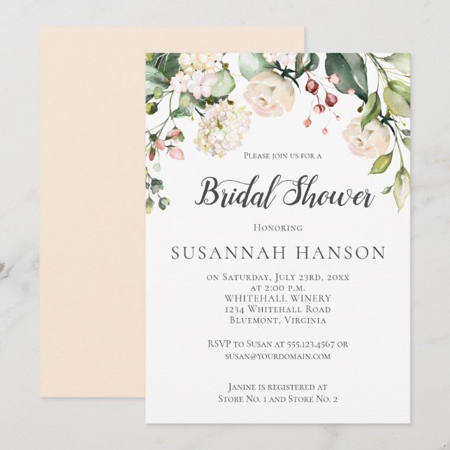Invitation Aquarelle rose crème Fête des mariées florale (Devant / Derrière)