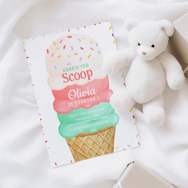 Invitation Aquarelle rose crème glacée 1er anniversaire (Créateur téléchargé)