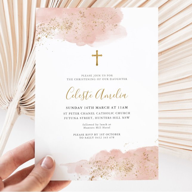 Invitation Aquarelle rose Croix d'or filles Baptême (Girl's Pink and Gold Baptism Invitation with gold cross.)