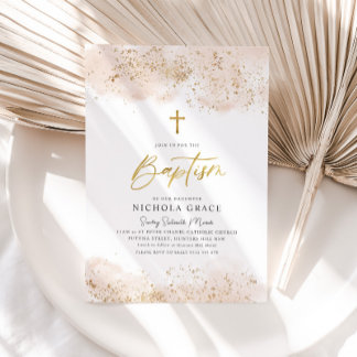 Invitation Aquarelle rose Croix or Gir Christening Baptême