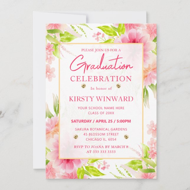 Invitation Aquarelle rose Dahlia Peony Flowers Graduation (Devant)
