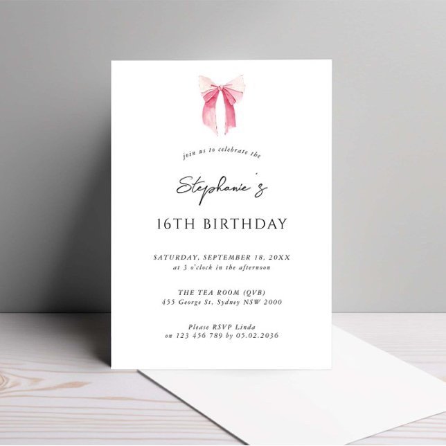 Invitation Aquarelle rose dainty Bow 16e anniversaire (Créateur téléchargé)