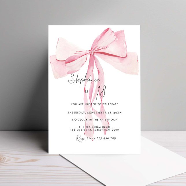 Invitation Aquarelle Rose Dainty Bow 18e anniversaire (Créateur téléchargé)