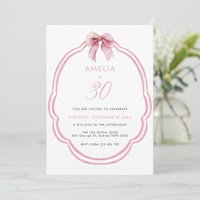 Invitation Aquarelle rose dainty Bow 30e anniversaire (Debout devant)