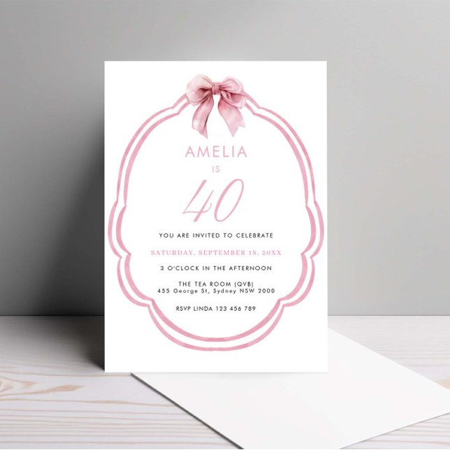 Invitation Aquarelle Rose Dainty Bow 40e anniversaire (Créateur téléchargé)