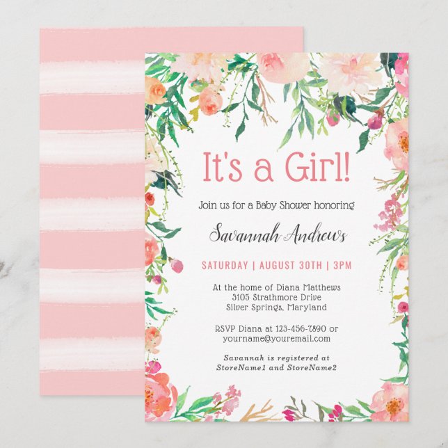Invitation Aquarelle rose délicate Baby shower floral (Devant / Derrière)