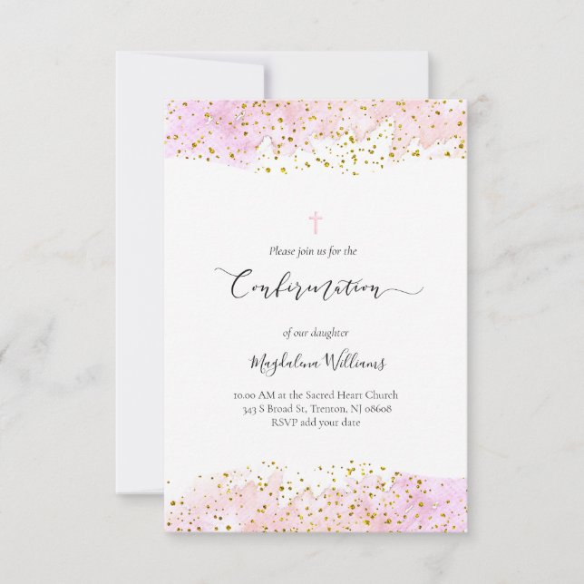 Invitation aquarelle rose | Détails or FAUX Confirmation (Devant)
