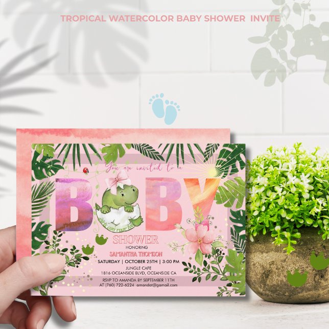 Invitation Aquarelle rose Dino Tropical Girl Baby shower (Watercolor Pink Dino Tropical Girl Baby Shower Invitation)