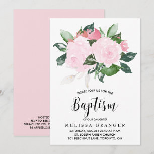 Invitation Aquarelle rose douce Roses Baptême
