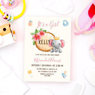 Invitation Aquarelle rose Eléphant Baby shower fille