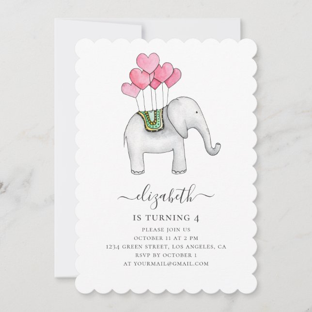 Invitation Aquarelle rose éléphant. Fête d'anniversaire de fi (Devant)