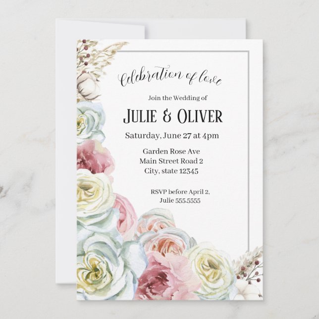 Invitation Aquarelle rose en rose pâle, Mariage blanc crème (Devant)