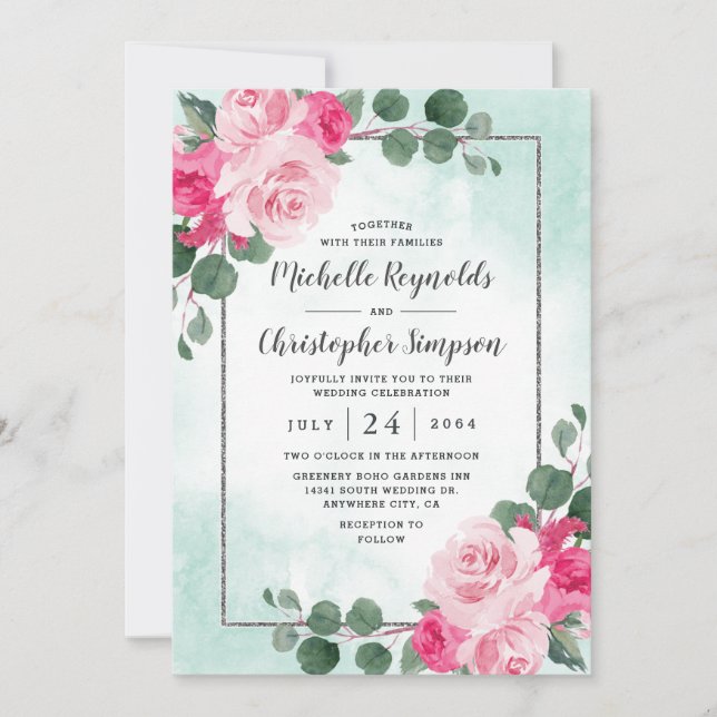 Invitation Aquarelle rose et argent Mariage floral (Devant)