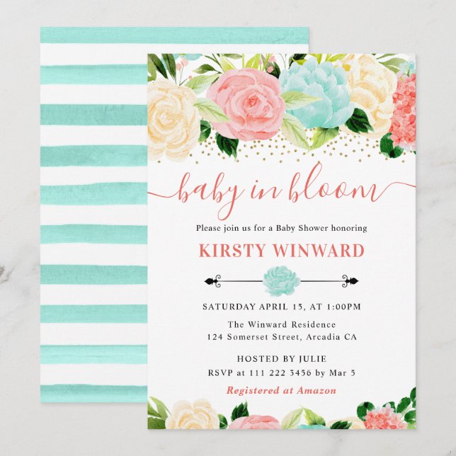 Invitation Aquarelle rose et Baby shower de fleurs de menthe (Devant / Derrière)
