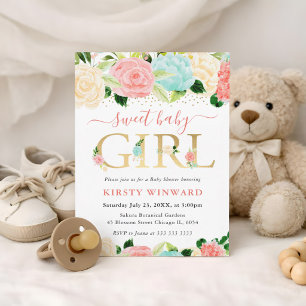 Invitation Aquarelle rose et Baby shower de fleurs de menthe