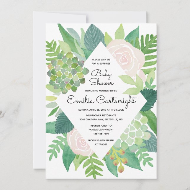 Invitation Aquarelle Rose et Baby shower Succulent (Devant)