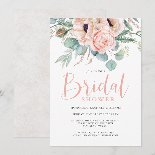 Invitation Aquarelle rose et beige Fête des mariées florale (Devant / Derrière)