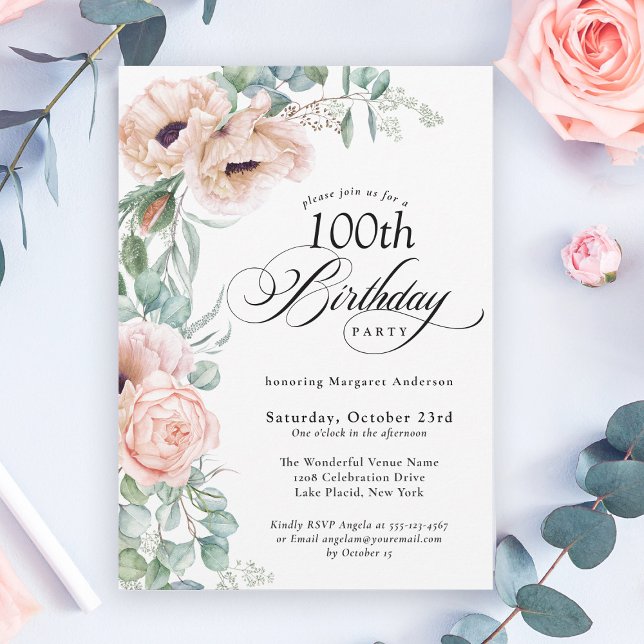 Invitation Aquarelle rose et beige Floral 100e anniversaire (A beautifully feminine invitation to celebrate a special 100th Birthday!
)