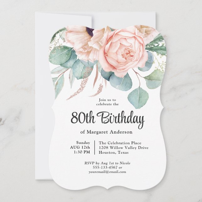 Invitation Aquarelle rose et beige Floral 80e anniversaire (Devant)
