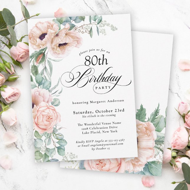 Invitation Aquarelle rose et beige Floral 80e anniversaire (A beautifully feminine party invitation to celebrate a milestone birthday.)