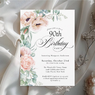 Invitation Aquarelle rose et beige Floral 90e anniversaire