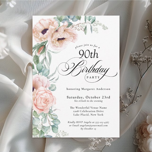 Invitation Aquarelle rose et beige Floral 90e anniversaire (Available in both printed and digital download formats.)