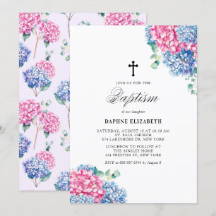 Invitation Aquarelle rose et bleu Hydrangée Baptême
