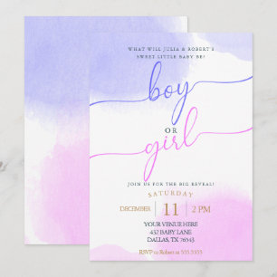 Invitation Aquarelle rose et bleu Or Script Révélation de gen