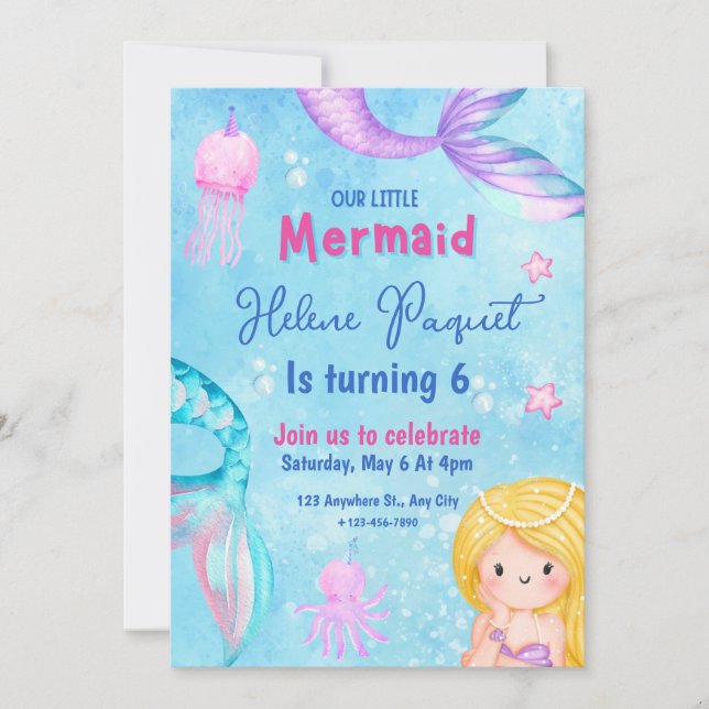 Invitation Aquarelle rose et bleu sucrée sirène Anniversaire (Devant)