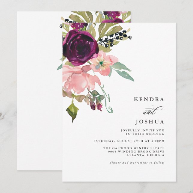 Invitation Aquarelle rose et bouquet bordeaux Mariage (Devant / Derrière)