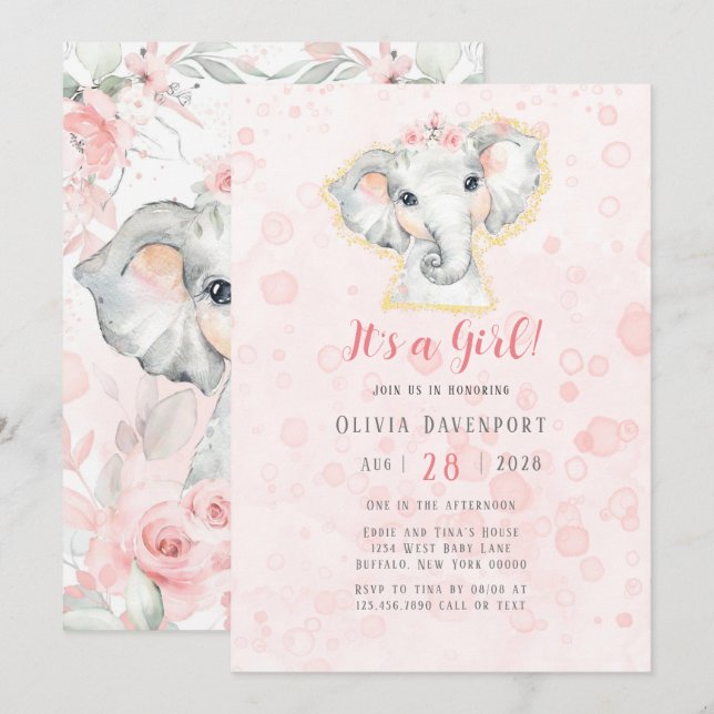 Invitation Aquarelle rose et gris Eléphant Baby shower fille (Devant / Derrière)