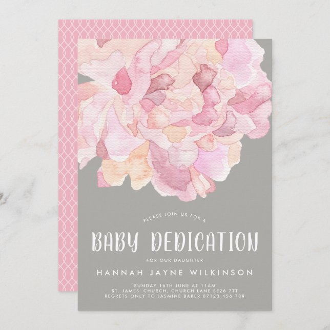 Invitation Aquarelle rose et gris Peony Dedication pour bébé (Devant / Derrière)