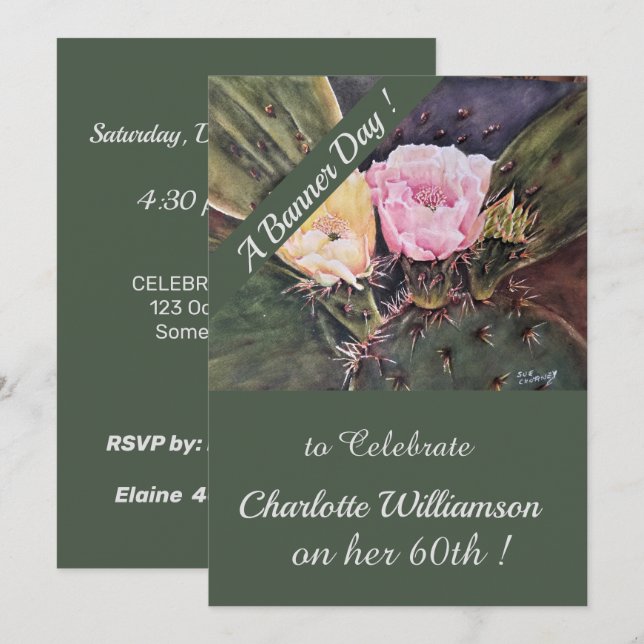 Invitation Aquarelle rose et jaune de Cactus Anniversaire Flo (Devant / Derrière)