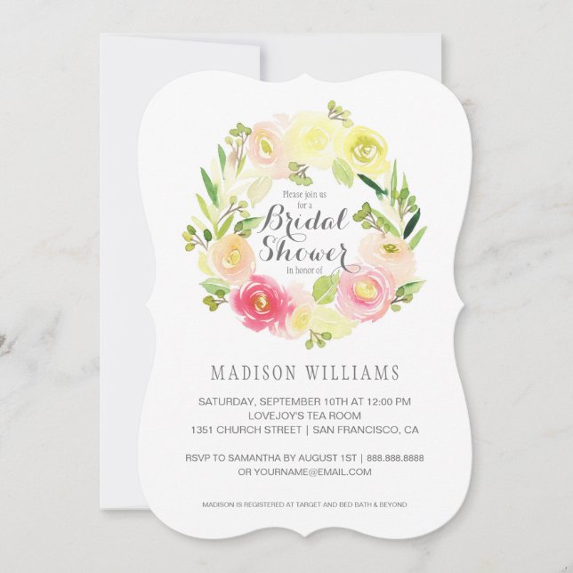 Invitation Aquarelle rose et jaune| Fête de l'mariée (Devant)