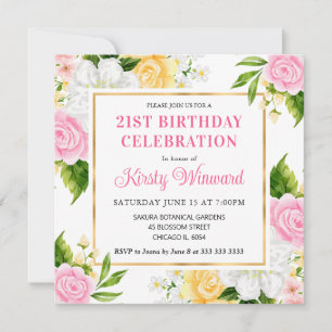 Invitation Aquarelle rose et jaune Fleurs d'été Anniversaire