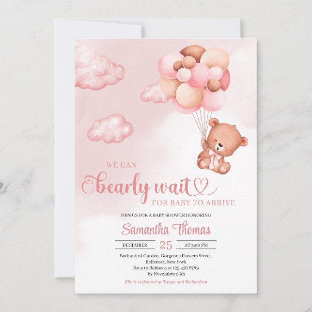 Invitation Aquarelle rose et marron baby shower fille (Devant)