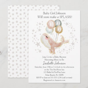 Invitation Aquarelle rose et or Baby shower de baleine mignon