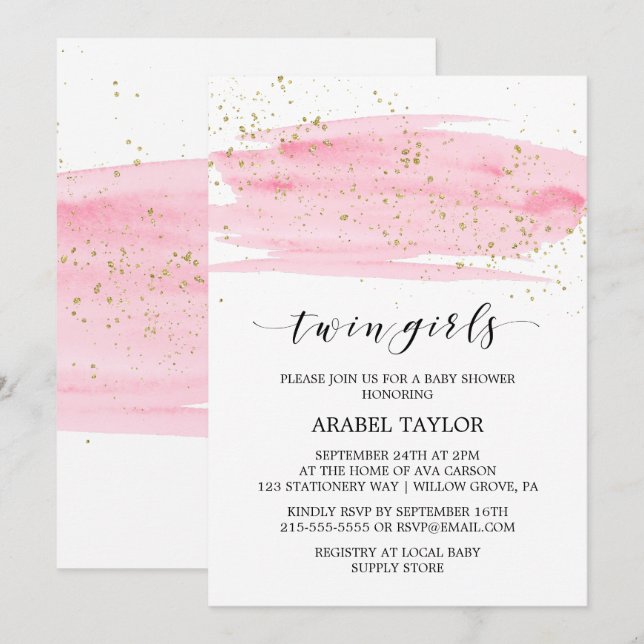Invitation Aquarelle rose et or Baby shower Twin Girls (Devant / Derrière)