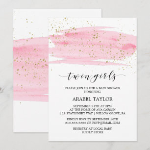 Invitation Aquarelle rose et or Baby shower Twin Girls