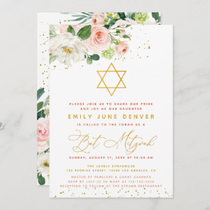 Invitation Aquarelle rose et or Bat mitzvah Floral