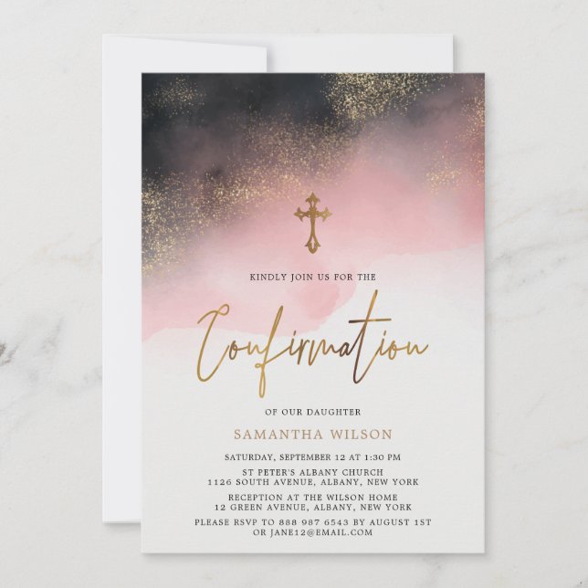Invitation Aquarelle rose et or Confirmation (Devant)