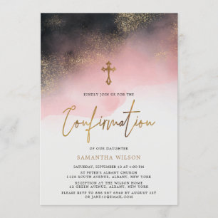Invitation Aquarelle rose et or Confirmation