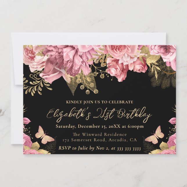 Invitation Aquarelle rose et or Fleurs 21e anniversaire (Devant)