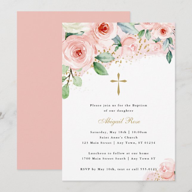 Invitation Aquarelle rose et or Floral Baptême religieux (Devant / Derrière)