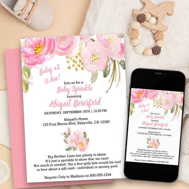 Invitation Aquarelle rose et or Floral Bébé (Pink floral baby sprinkle invitation for baby number two)
