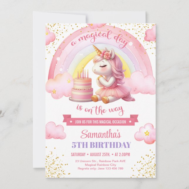 Invitation Aquarelle rose et or licorne 5e anniversaire (Devant)