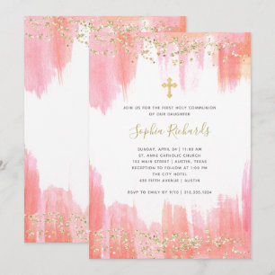 Invitation Aquarelle rose et or  Première communion