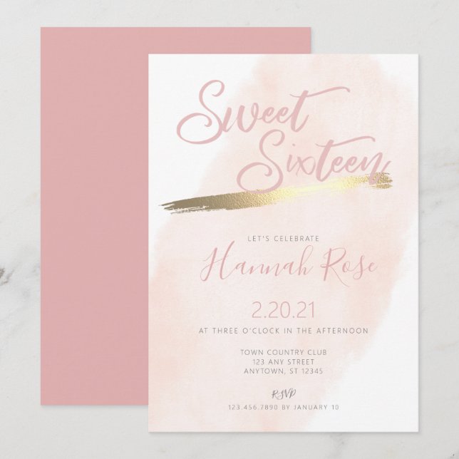 Invitation Aquarelle rose et or Sweet 16 Anniversaire (Devant / Derrière)
