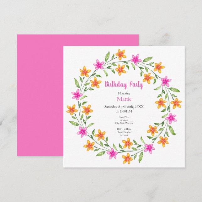 Invitation Aquarelle rose et orange chaude et couronne floral (Devant / Derrière)